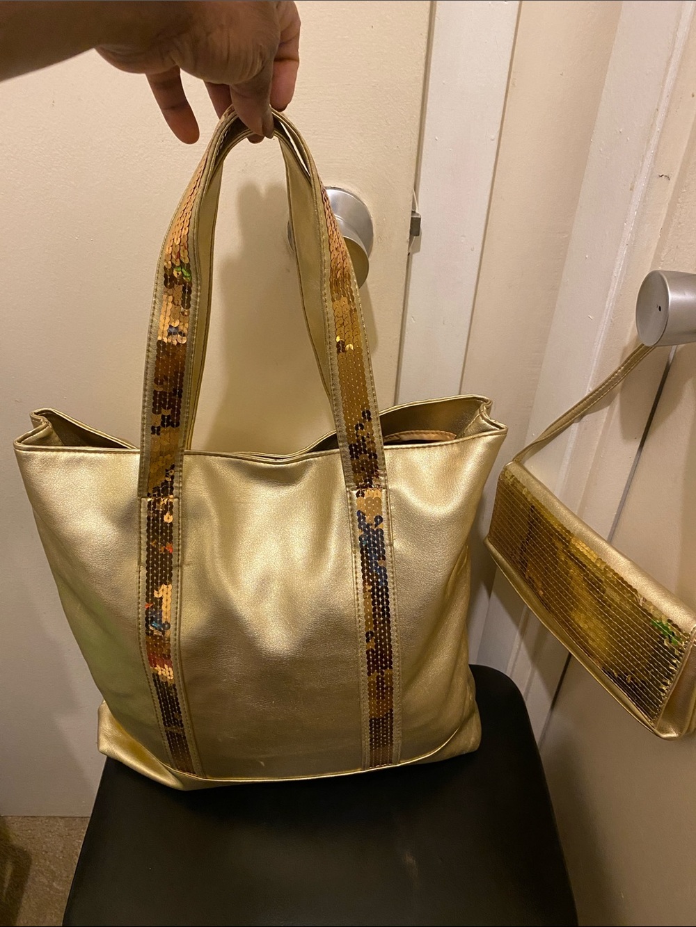 Gold Sequin Accent Tote and Clutch Set